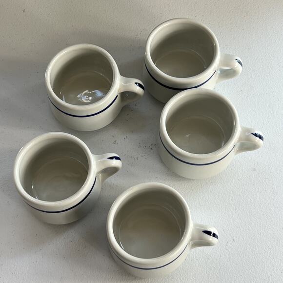 Tepco USA Restaurant Ware Mug X 5 Porcelain Ivory Blue Stripe Stackable Vtg MCM - Picture 3 of 7